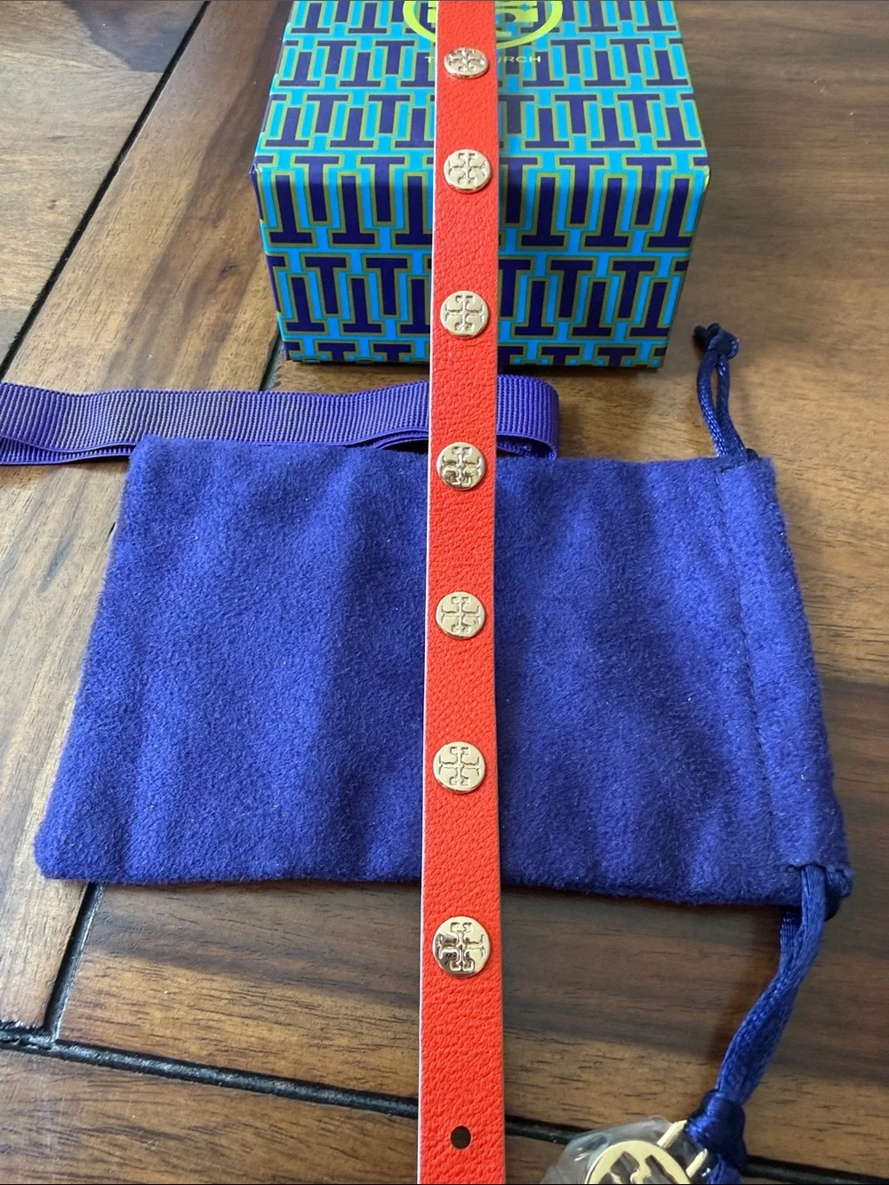 Tory Burch Reversible Double Wrap Leather Logo Stud Bracelet Orange Blue w/ Box